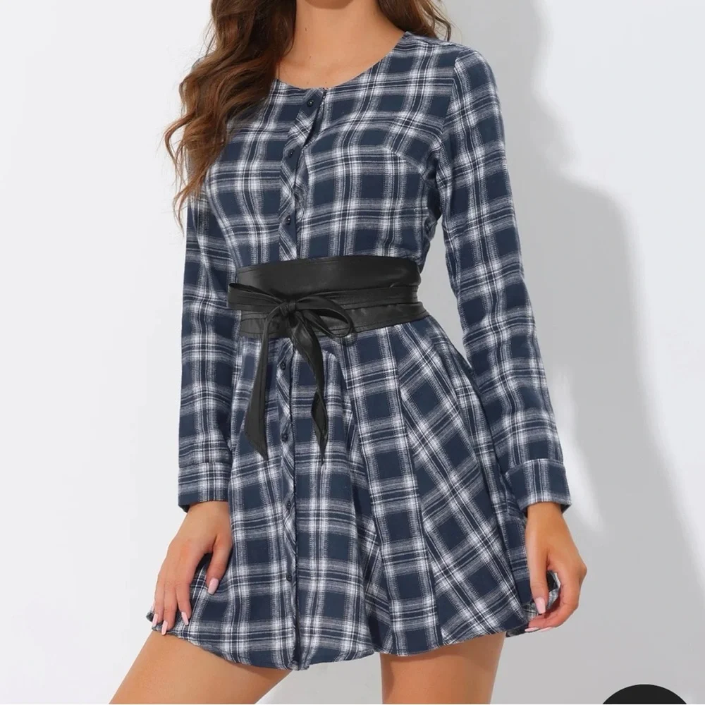 Allegra K Blue Plaid Mini Dress with Black Belt - Picture 1 of 3